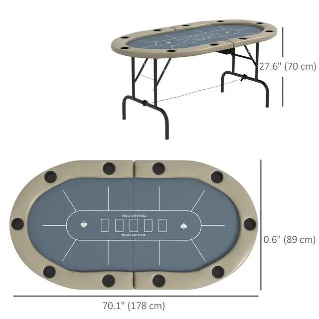 Alt view image 7 of 7 - Poker Table Foldable 70" Oval 8-Player Blackjack Blue and Brown | Casino Texas Holdem Poker Game Table, with Cup Holders