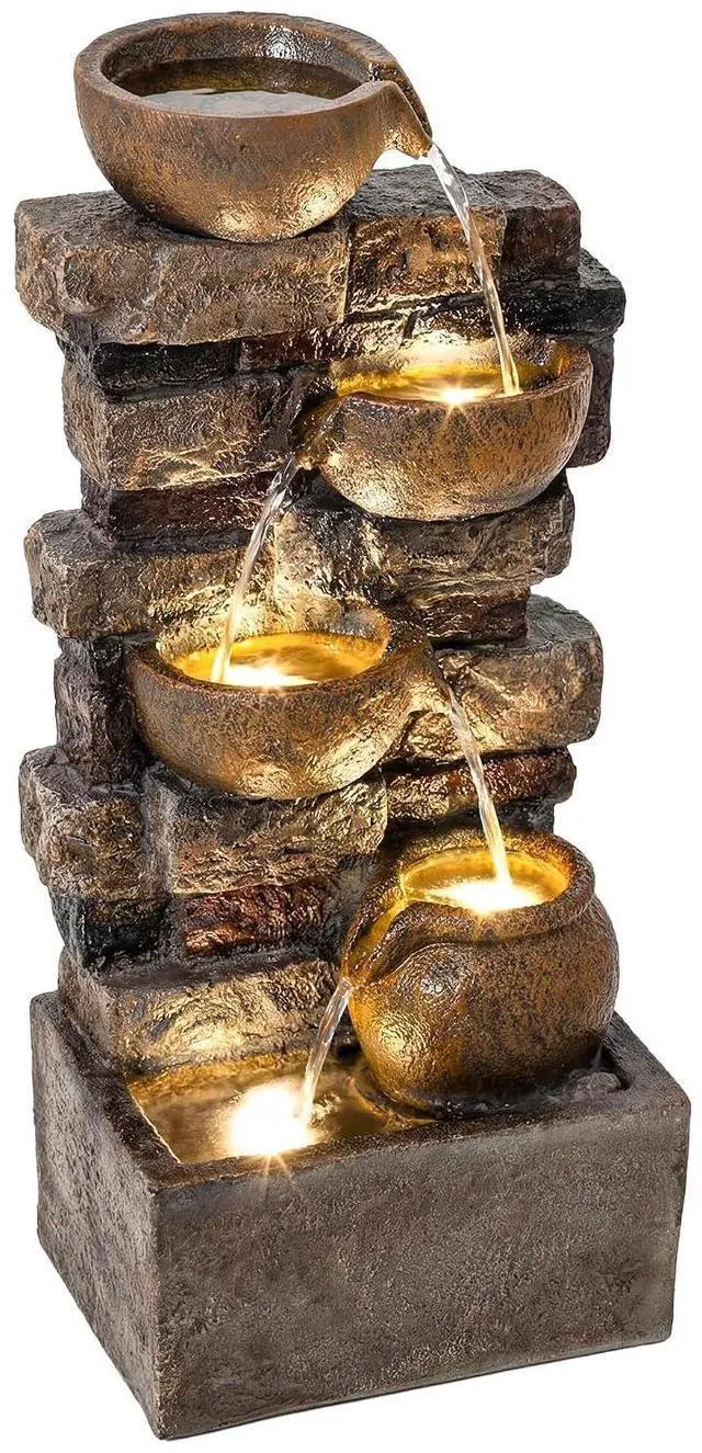 Main image of 28" Outdoor Fountain Cascading Waterfall LED Lights, Rustic Brown | 5-Tier Rustic Jugs and Rock, Adjustable Flow, Resin Freestanding, Garden Patio