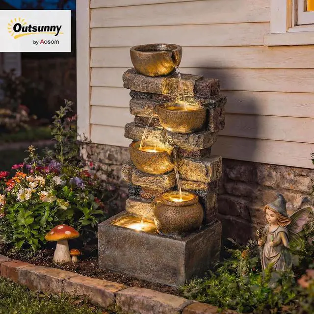 Alt view image 2 of 7 - 28" Outdoor Fountain Cascading Waterfall LED Lights, Rustic Brown | 5-Tier Rustic Jugs and Rock, Adjustable Flow, Resin Freestanding, Garden Patio