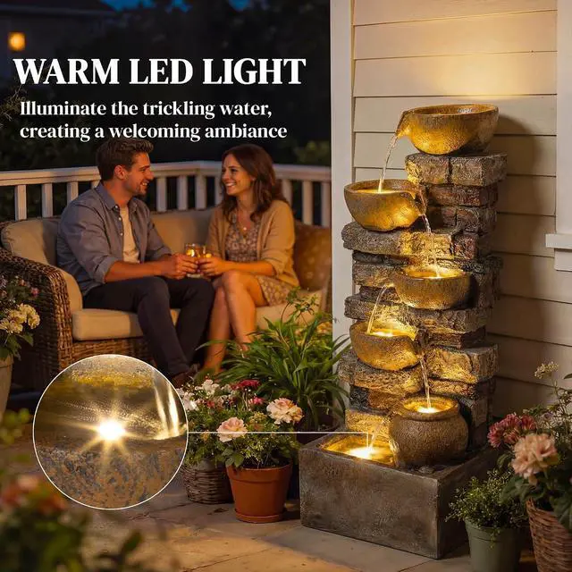 Alt view image 4 of 7 - 28" Outdoor Fountain Cascading Waterfall LED Lights, Rustic Brown | 5-Tier Rustic Jugs and Rock, Adjustable Flow, Resin Freestanding, Garden Patio
