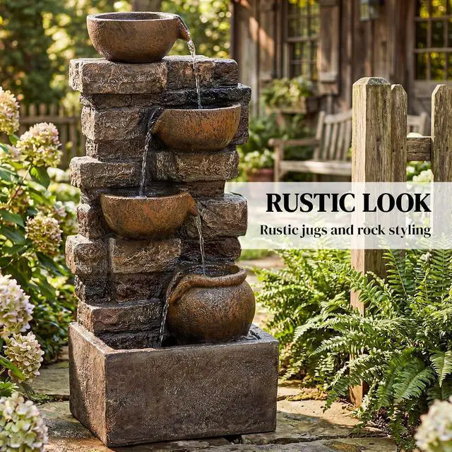 Alt view image 3 of 7 - 28" Outdoor Fountain Cascading Waterfall LED Lights, Rustic Brown | 5-Tier Rustic Jugs and Rock, Adjustable Flow, Resin Freestanding, Garden Patio