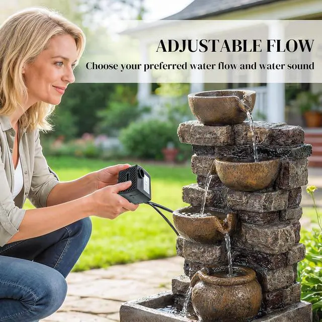 Alt view image 5 of 7 - 28" Outdoor Fountain Cascading Waterfall LED Lights, Rustic Brown | 5-Tier Rustic Jugs and Rock, Adjustable Flow, Resin Freestanding, Garden Patio