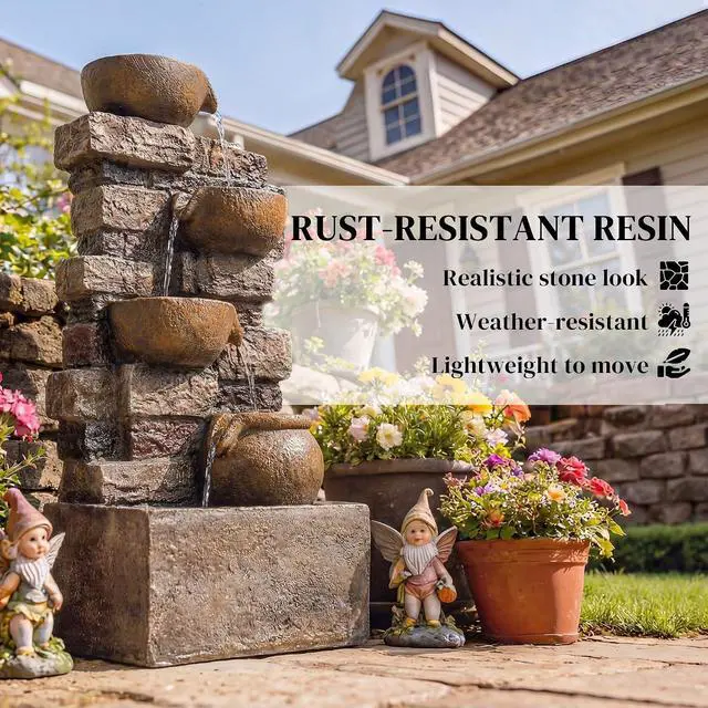 Alt view image 6 of 7 - 28" Outdoor Fountain Cascading Waterfall LED Lights, Rustic Brown | 5-Tier Rustic Jugs and Rock, Adjustable Flow, Resin Freestanding, Garden Patio