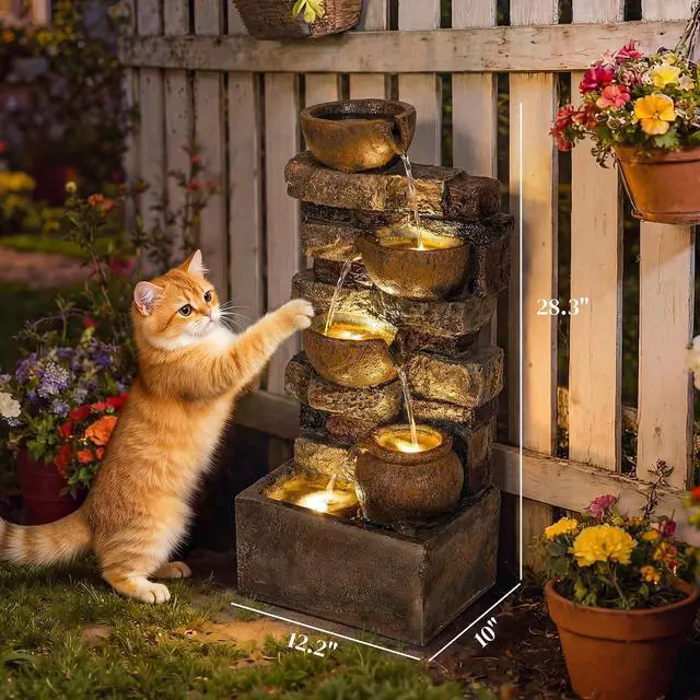 Alt view image 7 of 7 - 28" Outdoor Fountain Cascading Waterfall LED Lights, Rustic Brown | 5-Tier Rustic Jugs and Rock, Adjustable Flow, Resin Freestanding, Garden Patio
