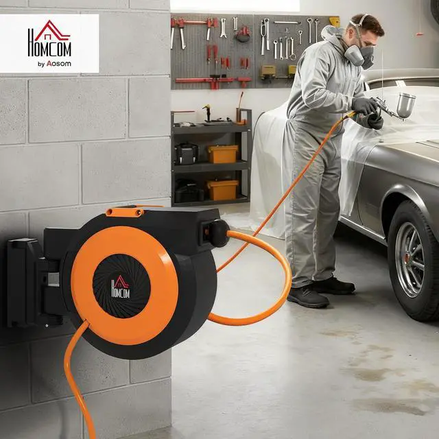 Alt view image 2 of 7 - Retractable Air Hose Reel Auto Rewind 3/8 in x 98 ft Black & Orange | Wall Mounted Compressor Hose Reel with Swivel Bracket, 6.6 ft Lead in, 300 PSI, Air Coupler