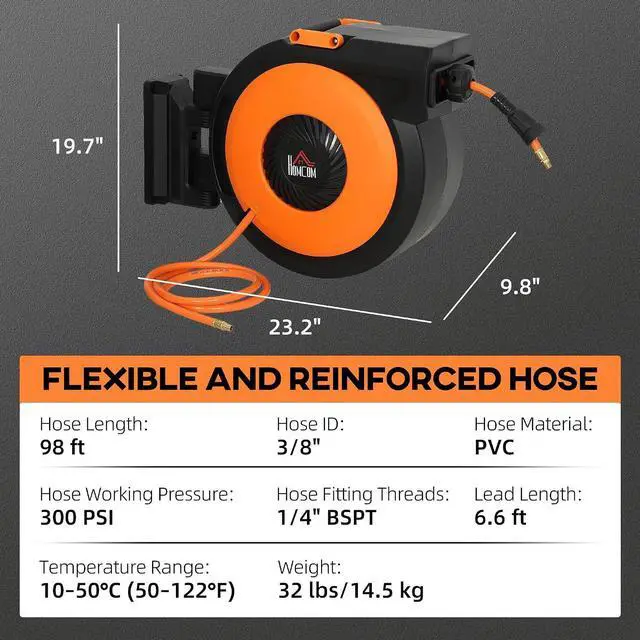 Alt view image 4 of 7 - Retractable Air Hose Reel Auto Rewind 3/8 in x 98 ft Black & Orange | Wall Mounted Compressor Hose Reel with Swivel Bracket, 6.6 ft Lead in, 300 PSI, Air Coupler