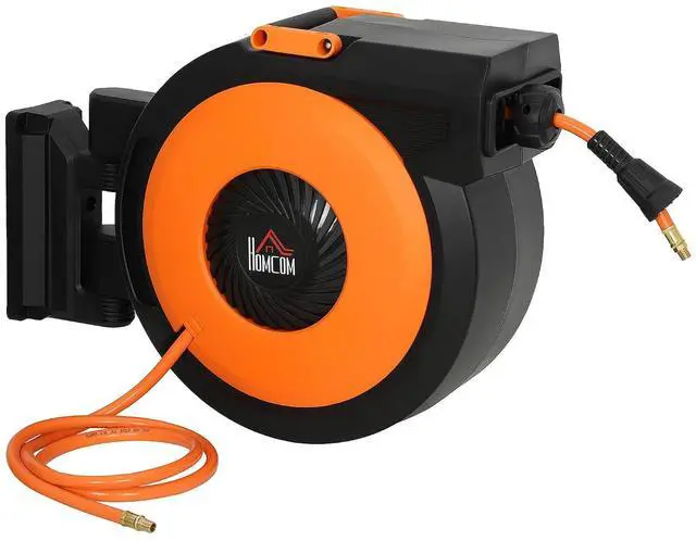 Main image of Retractable Air Hose Reel Auto Rewind 3/8 in x 82 ft Black & Orange | Wall Mounted Compressor Hose Reel with Swivel Bracket, 6.6 ft Lead in, 300 PSI, Air Coupler