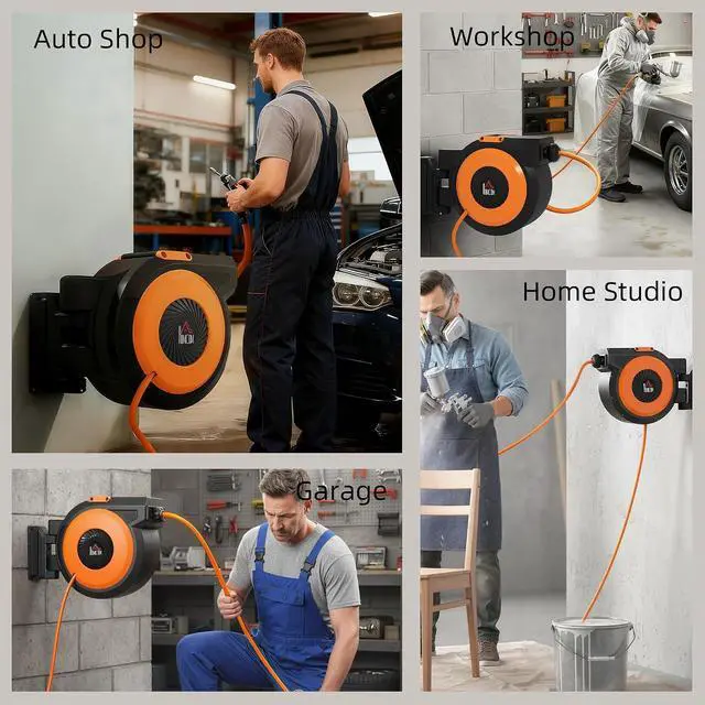 Alt view image 6 of 7 - Retractable Air Hose Reel Auto Rewind 3/8 in x 98 ft Black & Orange | Wall Mounted Compressor Hose Reel with Swivel Bracket, 6.6 ft Lead in, 300 PSI, Air Coupler