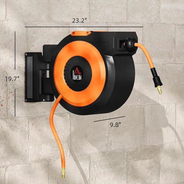 Alt view image 7 of 7 - Retractable Air Hose Reel Auto Rewind 3/8 in x 98 ft Black & Orange | Wall Mounted Compressor Hose Reel with Swivel Bracket, 6.6 ft Lead in, 300 PSI, Air Coupler
