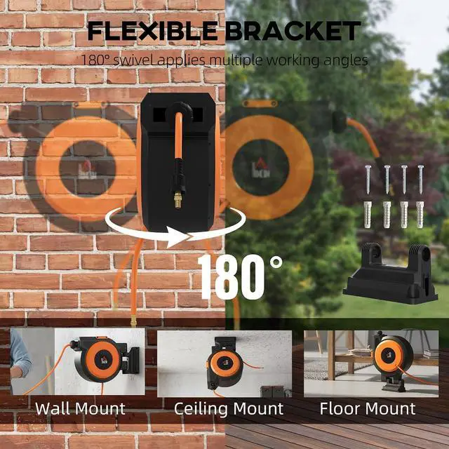 Alt view image 5 of 7 - Retractable Air Hose Reel Auto Rewind 3/8 in x 82 ft Black & Orange | Wall Mounted Compressor Hose Reel with Swivel Bracket, 6.6 ft Lead in, 300 PSI, Air Coupler