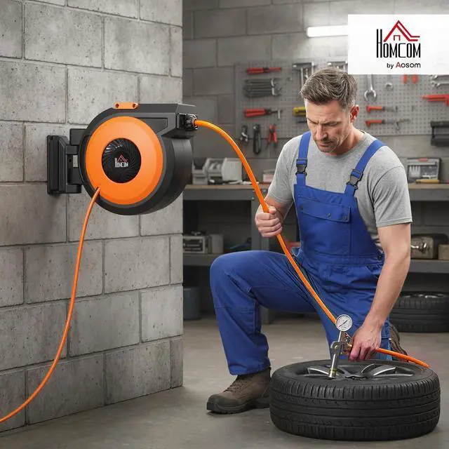 Alt view image 2 of 7 - Retractable Air Hose Reel Auto Rewind 3/8 in x 82 ft Black & Orange | Wall Mounted Compressor Hose Reel with Swivel Bracket, 6.6 ft Lead in, 300 PSI, Air Coupler