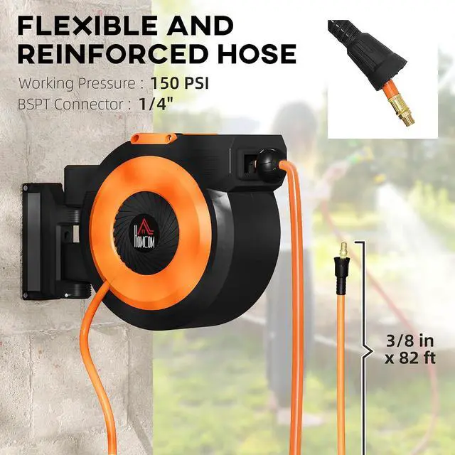 Alt view image 4 of 7 - Retractable Air Hose Reel Auto Rewind 3/8 in x 82 ft Black & Orange | Wall Mounted Compressor Hose Reel with Swivel Bracket, 6.6 ft Lead in, 300 PSI, Air Coupler