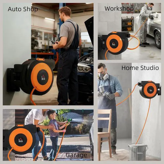 Alt view image 6 of 7 - Retractable Air Hose Reel Auto Rewind 3/8 in x 82 ft Black & Orange | Wall Mounted Compressor Hose Reel with Swivel Bracket, 6.6 ft Lead in, 300 PSI, Air Coupler