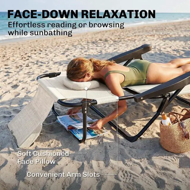 Alt view image 4 of 7 - Tanning Chaise Lounge Chair 4-Position Beach Chair Cream White | Face & Arm Holes, Pillow Headrest, Adjustable, Sunbathing