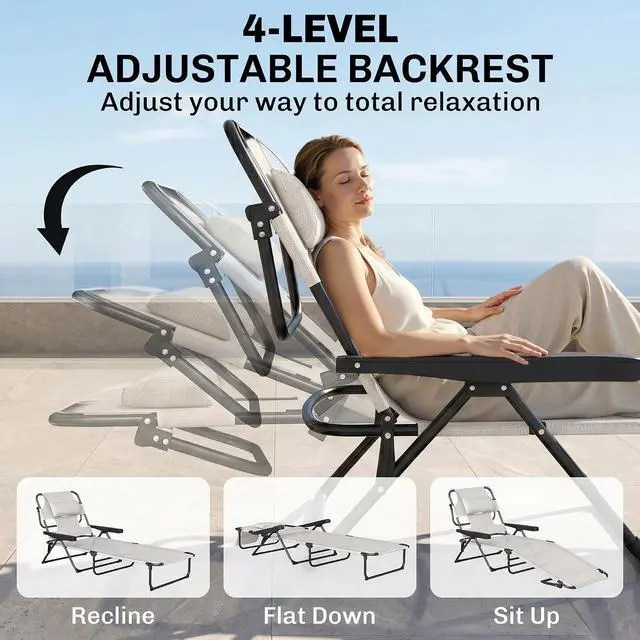 Alt view image 5 of 7 - Tanning Chaise Lounge Chair 4-Position Beach Chair Cream White | Face & Arm Holes, Pillow Headrest, Adjustable, Sunbathing