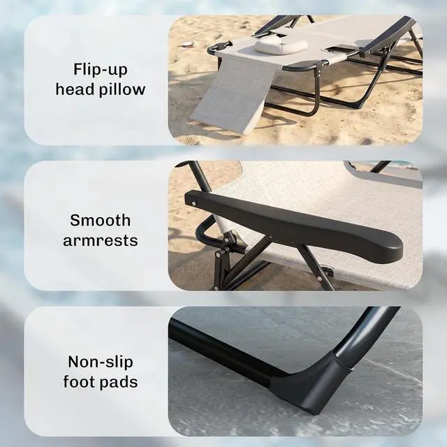 Alt view image 7 of 7 - Tanning Chaise Lounge Chair 4-Position Beach Chair Cream White | Face & Arm Holes, Pillow Headrest, Adjustable, Sunbathing