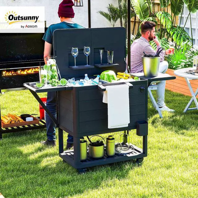 Alt view image 2 of 7 - Patio Cooler with Wheels 104 Quart Large Capacity, Black | Rolling Ice Chest, Bottle Opener, Shelves, Outdoor Beverage Bar Cart, Handles, Pool Deck BBQ Cookouts Party