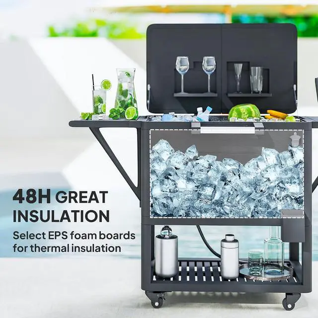 Alt view image 4 of 7 - Patio Cooler with Wheels 104 Quart Large Capacity, Black | Rolling Ice Chest, Bottle Opener, Shelves, Outdoor Beverage Bar Cart, Handles, Pool Deck BBQ Cookouts Party