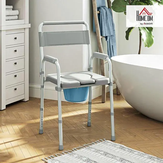 Alt view image 2 of 7 - 4 in 1 Bedside Commode with Handle for Adults, Handicap, Gray | Shower Chair, Portable Toilet, Raised Toilet Seat, for Seniors, Adjustable Height