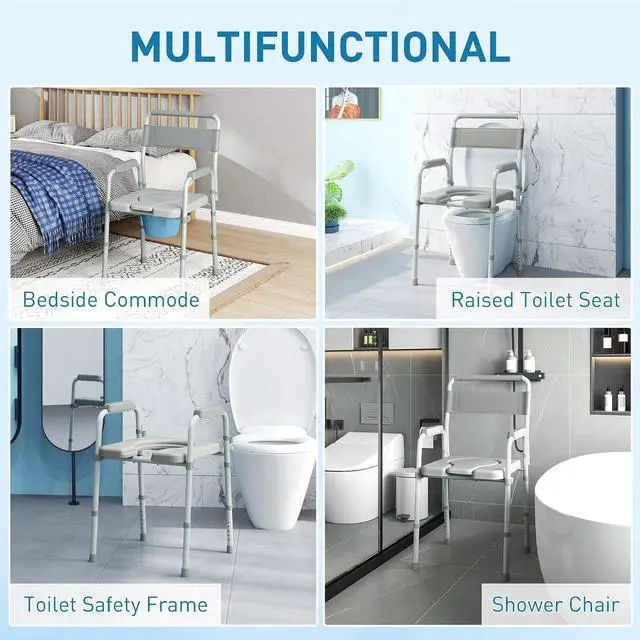 Alt view image 3 of 7 - 4 in 1 Bedside Commode with Handle for Adults, Handicap, Gray | Shower Chair, Portable Toilet, Raised Toilet Seat, for Seniors, Adjustable Height