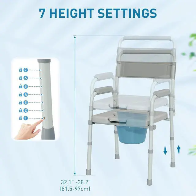 Alt view image 5 of 7 - 4 in 1 Bedside Commode with Handle for Adults, Handicap, Gray | Shower Chair, Portable Toilet, Raised Toilet Seat, for Seniors, Adjustable Height