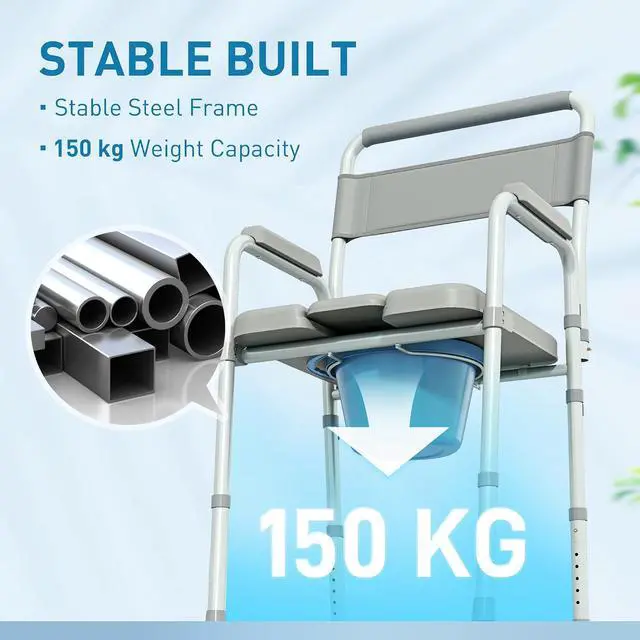 Alt view image 4 of 7 - 4 in 1 Bedside Commode with Handle for Adults, Handicap, Gray | Shower Chair, Portable Toilet, Raised Toilet Seat, for Seniors, Adjustable Height