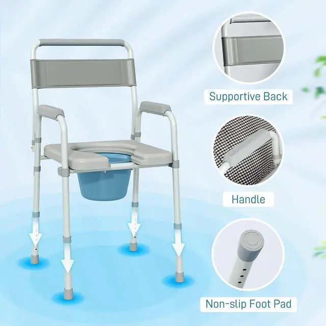 Alt view image 6 of 7 - 4 in 1 Bedside Commode with Handle for Adults, Handicap, Gray | Shower Chair, Portable Toilet, Raised Toilet Seat, for Seniors, Adjustable Height