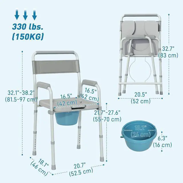 Alt view image 7 of 7 - 4 in 1 Bedside Commode with Handle for Adults, Handicap, Gray | Shower Chair, Portable Toilet, Raised Toilet Seat, for Seniors, Adjustable Height