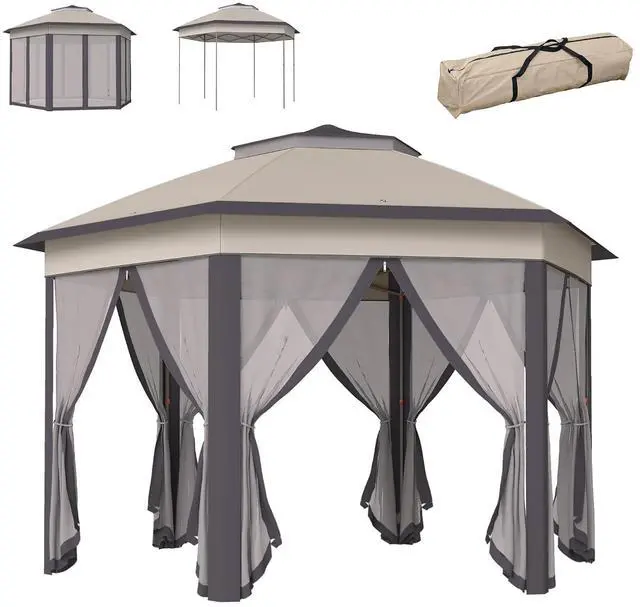 Main image of 13' x 13' Pop Up Gazebo Hexagonal Canopy Shelter Coffee and Beige | 6 Zippered Mesh Netting, Event Tent, Strong Steel Frame, Patio Backyard Garden Wedding Party