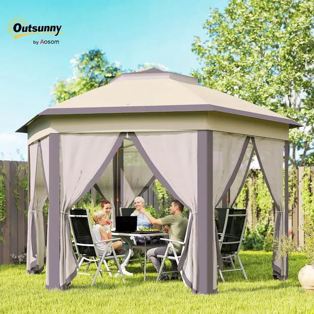 Alt view image 2 of 7 - 13' x 13' Pop Up Gazebo Hexagonal Canopy Shelter Coffee and Beige | 6 Zippered Mesh Netting, Event Tent, Strong Steel Frame, Patio Backyard Garden Wedding Party