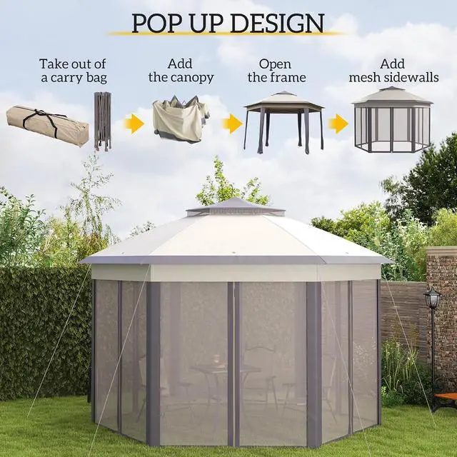 Alt view image 3 of 7 - 13' x 13' Pop Up Gazebo Hexagonal Canopy Shelter Coffee and Beige | 6 Zippered Mesh Netting, Event Tent, Strong Steel Frame, Patio Backyard Garden Wedding Party