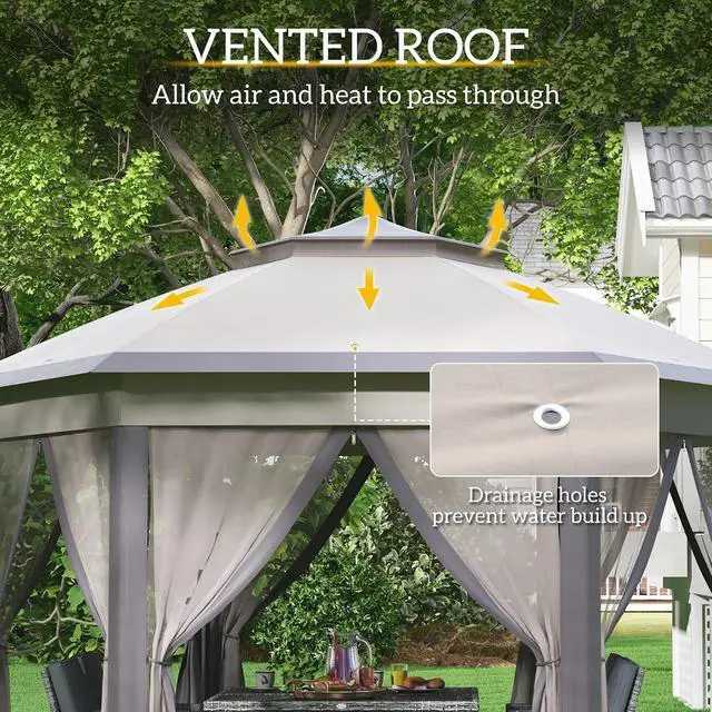 Alt view image 4 of 7 - 13' x 13' Pop Up Gazebo Hexagonal Canopy Shelter Coffee and Beige | 6 Zippered Mesh Netting, Event Tent, Strong Steel Frame, Patio Backyard Garden Wedding Party
