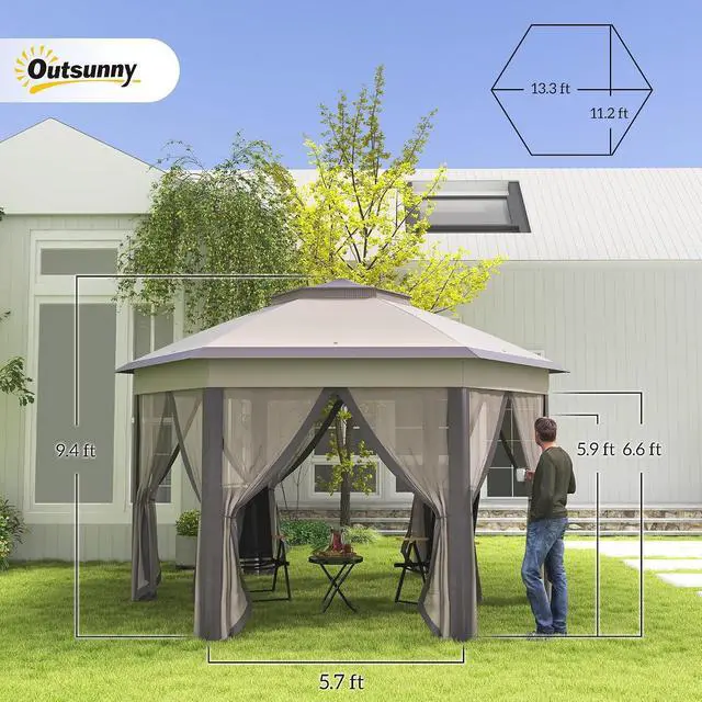 Alt view image 7 of 7 - 13' x 13' Pop Up Gazebo Hexagonal Canopy Shelter Coffee and Beige | 6 Zippered Mesh Netting, Event Tent, Strong Steel Frame, Patio Backyard Garden Wedding Party