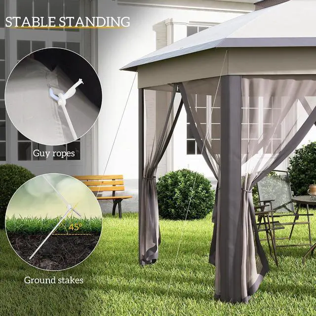 Alt view image 5 of 7 - 13' x 13' Pop Up Gazebo Hexagonal Canopy Shelter Coffee and Beige | 6 Zippered Mesh Netting, Event Tent, Strong Steel Frame, Patio Backyard Garden Wedding Party