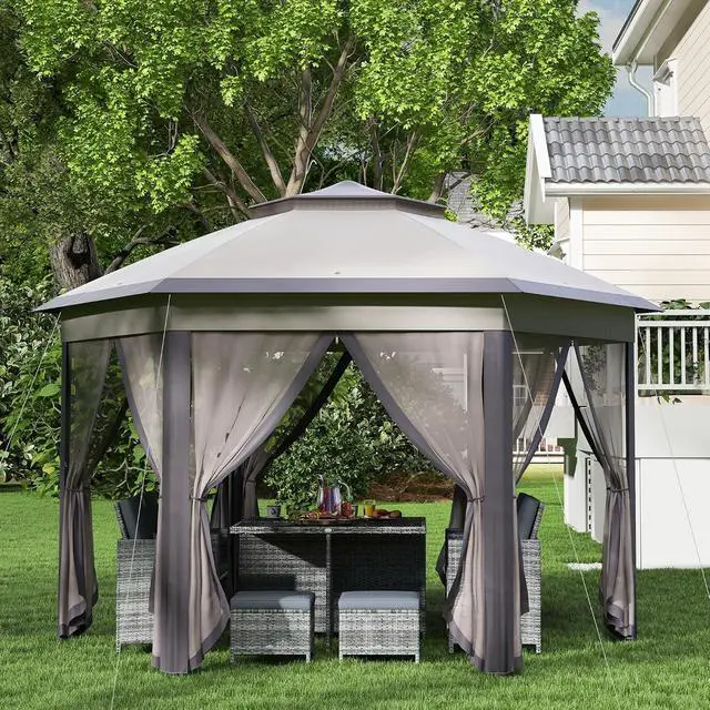 Alt view image 6 of 7 - 13' x 13' Pop Up Gazebo Hexagonal Canopy Shelter Coffee and Beige | 6 Zippered Mesh Netting, Event Tent, Strong Steel Frame, Patio Backyard Garden Wedding Party
