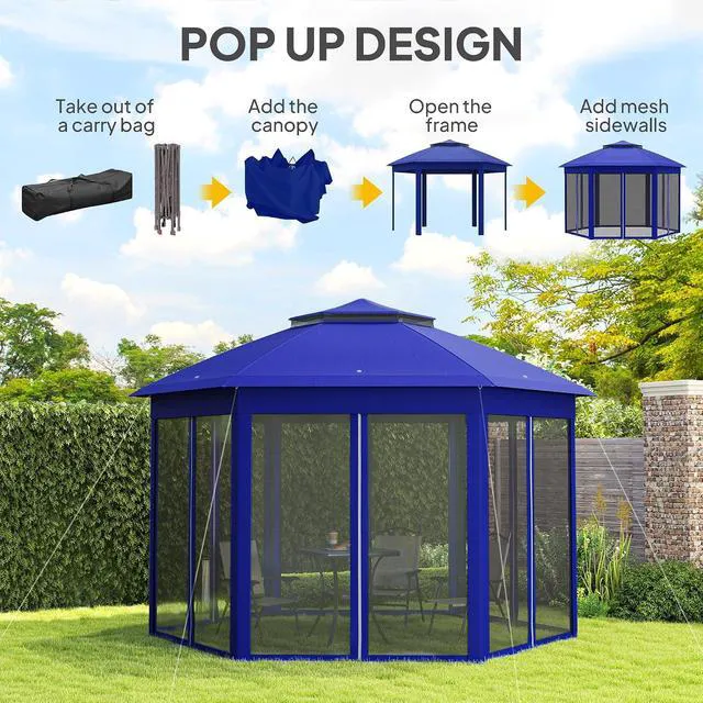 Alt view image 3 of 7 - 13' x 13' Pop Up Gazebo, Hexagonal Event Tent, Dark Blue and Black | Canopy Shelter, 6 Zippered Mesh Netting, Strong Steel Frame, Patio Backyard Garden Wedding Party