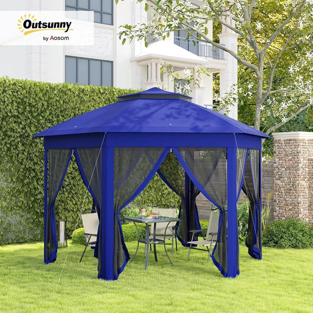 Alt view image 2 of 7 - 13' x 13' Pop Up Gazebo, Hexagonal Event Tent, Dark Blue and Black | Canopy Shelter, 6 Zippered Mesh Netting, Strong Steel Frame, Patio Backyard Garden Wedding Party