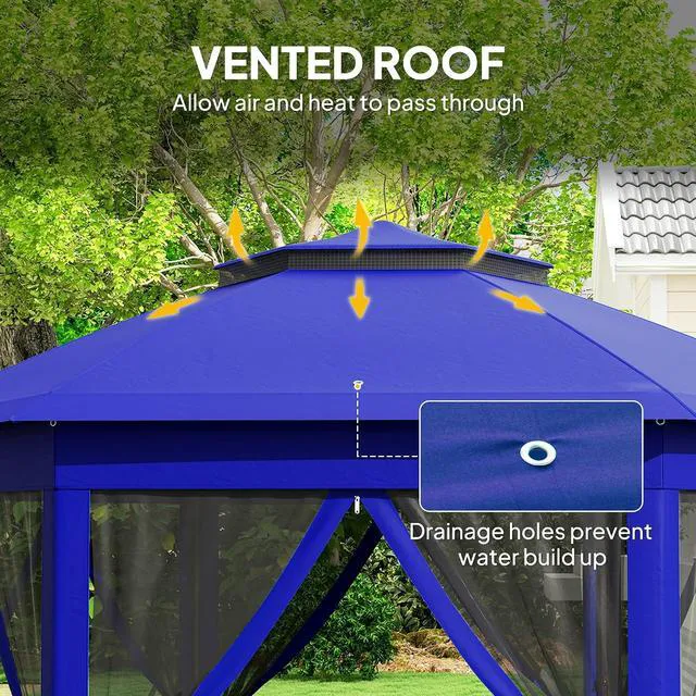 Alt view image 4 of 7 - 13' x 13' Pop Up Gazebo, Hexagonal Event Tent, Dark Blue and Black | Canopy Shelter, 6 Zippered Mesh Netting, Strong Steel Frame, Patio Backyard Garden Wedding Party