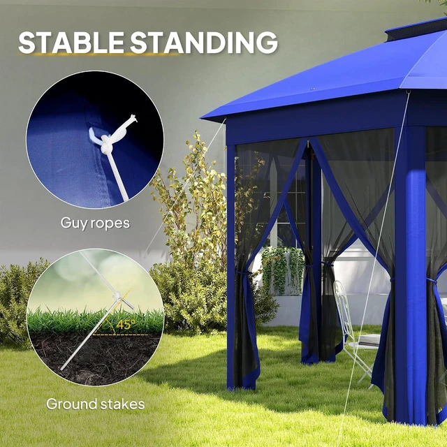 Alt view image 5 of 7 - 13' x 13' Pop Up Gazebo, Hexagonal Event Tent, Dark Blue and Black | Canopy Shelter, 6 Zippered Mesh Netting, Strong Steel Frame, Patio Backyard Garden Wedding Party