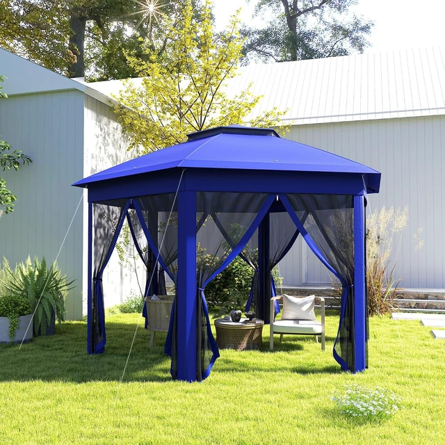 Alt view image 6 of 7 - 13' x 13' Pop Up Gazebo, Hexagonal Event Tent, Dark Blue and Black | Canopy Shelter, 6 Zippered Mesh Netting, Strong Steel Frame, Patio Backyard Garden Wedding Party