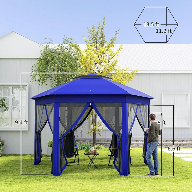 Alt view image 7 of 7 - 13' x 13' Pop Up Gazebo, Hexagonal Event Tent, Dark Blue and Black | Canopy Shelter, 6 Zippered Mesh Netting, Strong Steel Frame, Patio Backyard Garden Wedding Party