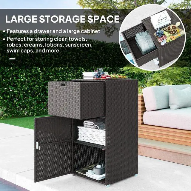 Alt view image 3 of 7 - Outdoor Towel Rack & Pool Storage 24" x 24" x 47" Dark Brown | Cabinet/Hot Tub Accessory Storage, PE Rattan Cabinet, Basket Drawer, Poolside, Spa