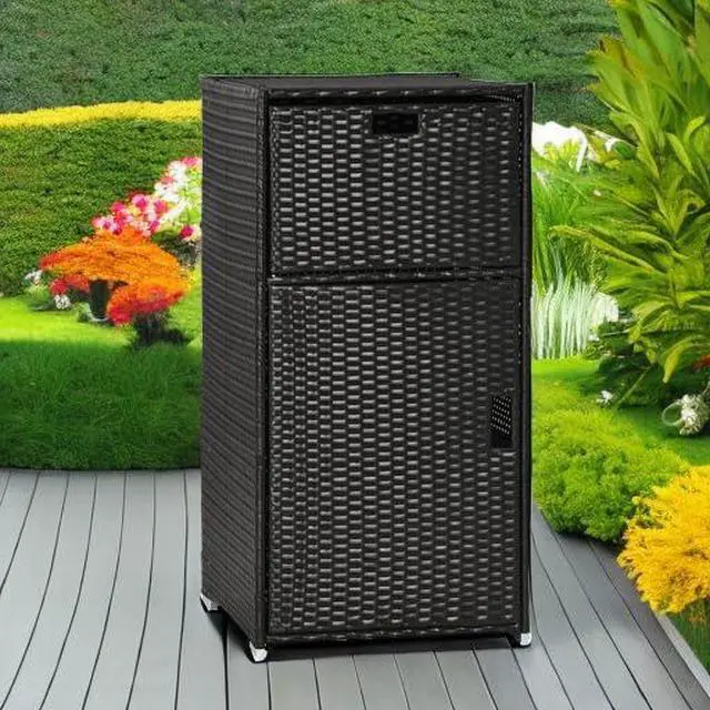 Alt view image 5 of 7 - Outdoor Towel Rack & Pool Storage 24" x 24" x 47" Dark Brown | Cabinet/Hot Tub Accessory Storage, PE Rattan Cabinet, Basket Drawer, Poolside, Spa