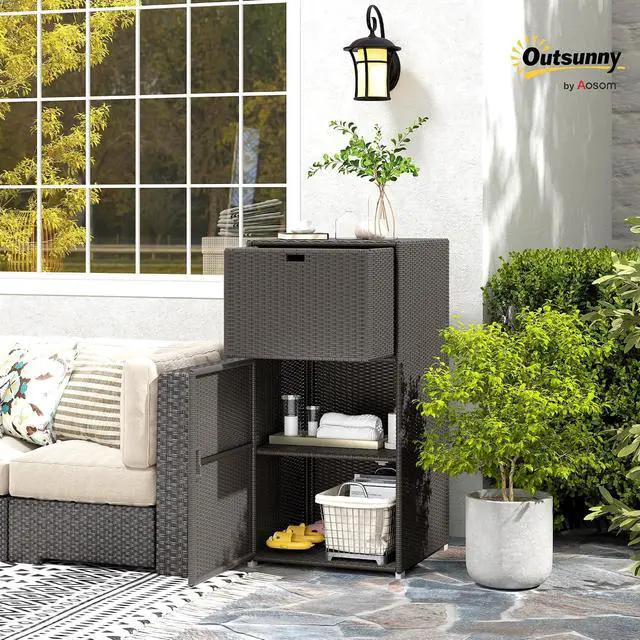 Alt view image 2 of 7 - Outdoor Towel Rack & Pool Storage 24" x 24" x 47" Dark Brown | Cabinet/Hot Tub Accessory Storage, PE Rattan Cabinet, Basket Drawer, Poolside, Spa