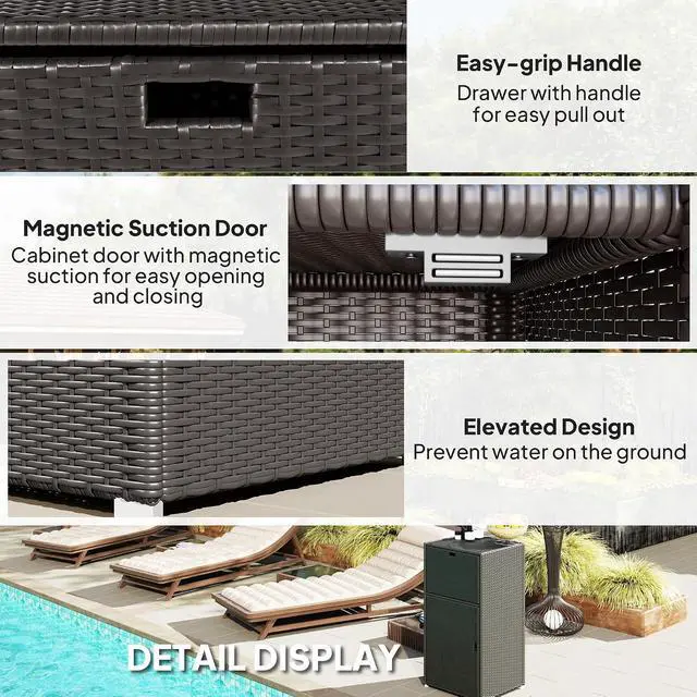 Alt view image 6 of 7 - Outdoor Towel Rack & Pool Storage 24" x 24" x 47" Dark Brown | Cabinet/Hot Tub Accessory Storage, PE Rattan Cabinet, Basket Drawer, Poolside, Spa