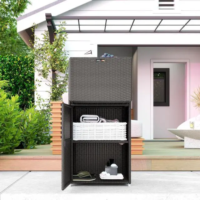 Alt view image 7 of 7 - Outdoor Towel Rack & Pool Storage 24" x 24" x 47" Dark Brown | Cabinet/Hot Tub Accessory Storage, PE Rattan Cabinet, Basket Drawer, Poolside, Spa