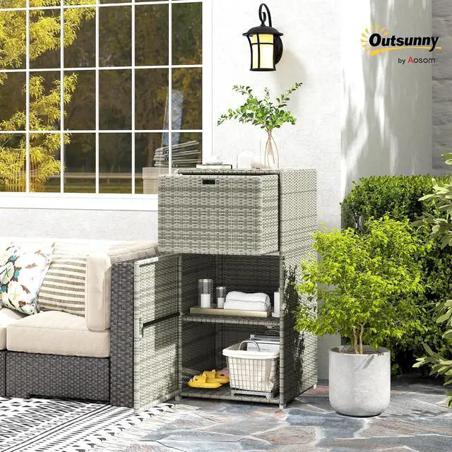 Alt view image 2 of 7 - Outdoor Towel Rack & Pool Storage 24" x 24" x 47" Gray | Cabinet/Hot Tub Accessory Storage, PE Rattan Cabinet, Basket Drawer, Poolside, Spa