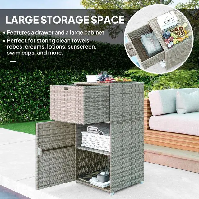 Alt view image 3 of 7 - Outdoor Towel Rack & Pool Storage 24" x 24" x 47" Gray | Cabinet/Hot Tub Accessory Storage, PE Rattan Cabinet, Basket Drawer, Poolside, Spa