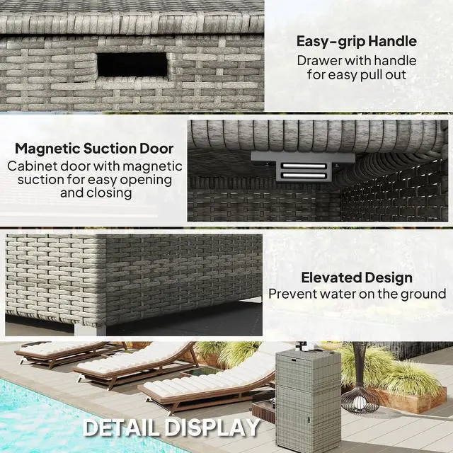 Alt view image 5 of 7 - Outdoor Towel Rack & Pool Storage 24" x 24" x 47" Gray | Cabinet/Hot Tub Accessory Storage, PE Rattan Cabinet, Basket Drawer, Poolside, Spa