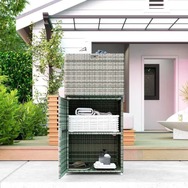 Alt view image 6 of 7 - Outdoor Towel Rack & Pool Storage 24" x 24" x 47" Gray | Cabinet/Hot Tub Accessory Storage, PE Rattan Cabinet, Basket Drawer, Poolside, Spa